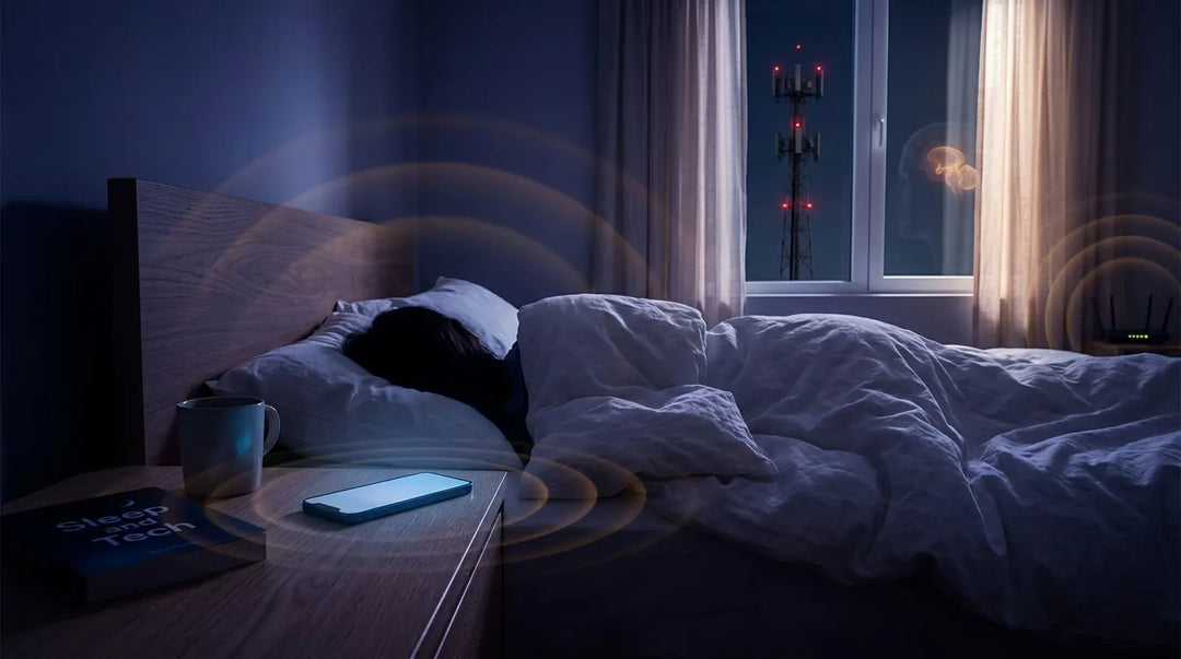 Dark bedroom at night with glowing smartphone on nightstand near sleeping person, moody blue light