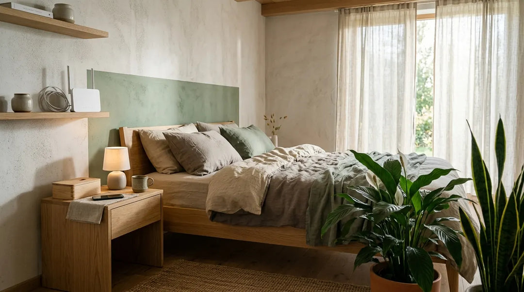 Serene minimalist bedroom with natural materials and unplugged devices suggesting low-EMF living