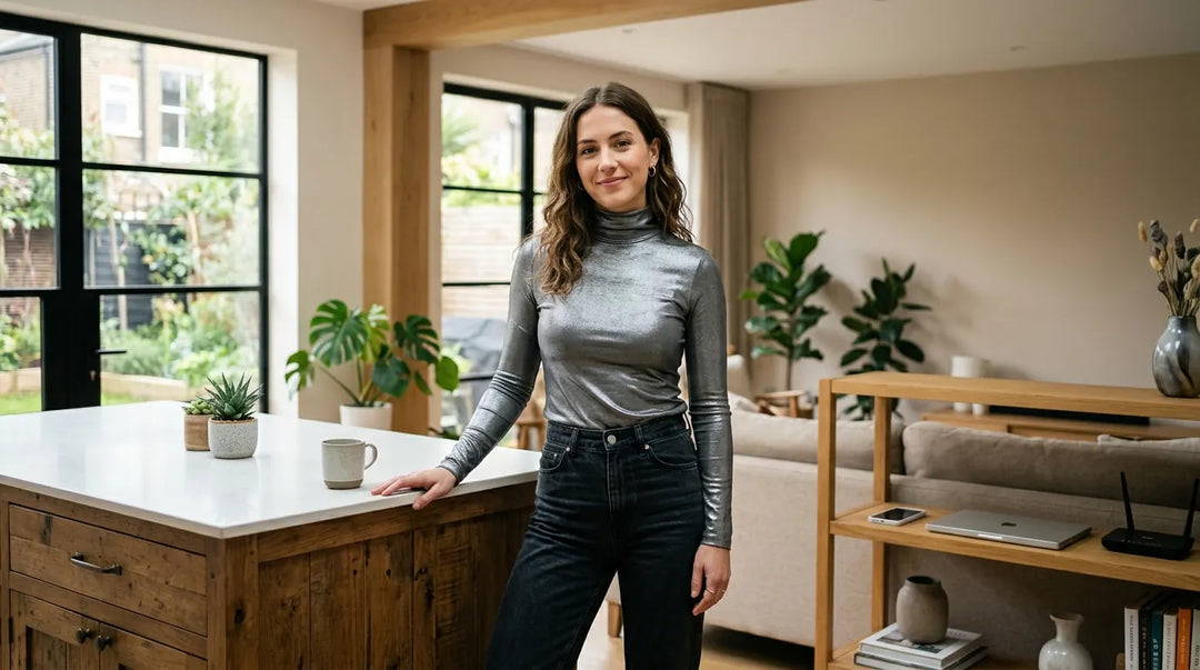 Woman wearing silver EMF-shielding apparel in modern home surrounded by wireless devices