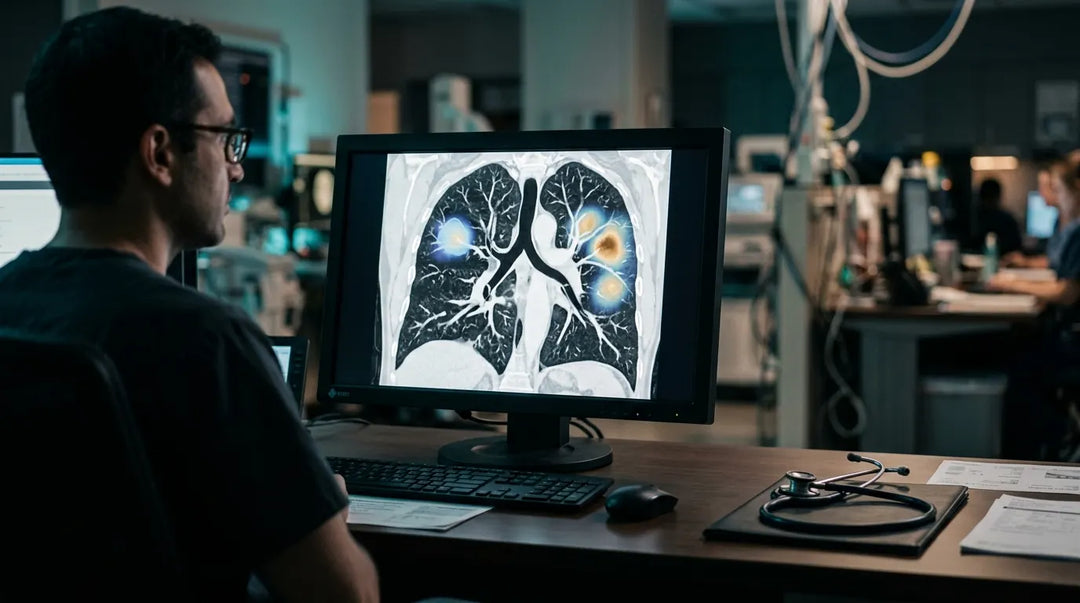 AI-enhanced lung CT scan glowing on radiology monitor in dimly lit clinical suite