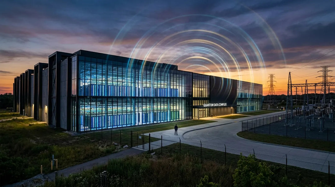 Glowing data center at twilight with electromagnetic energy waves radiating outward, moody and cinematic
