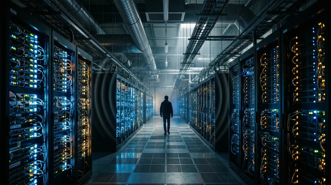 Vast glowing data center with server racks and electromagnetic heat haze, moody atmosphere