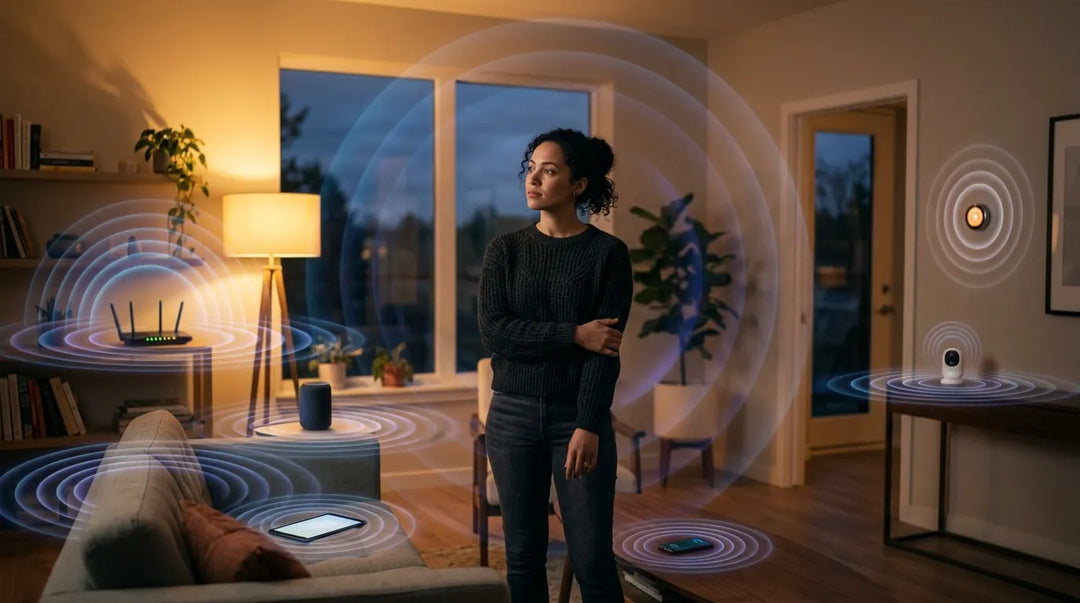 Modern living room filled with wireless devices emitting subtle electromagnetic wave ripples, contemplative mood