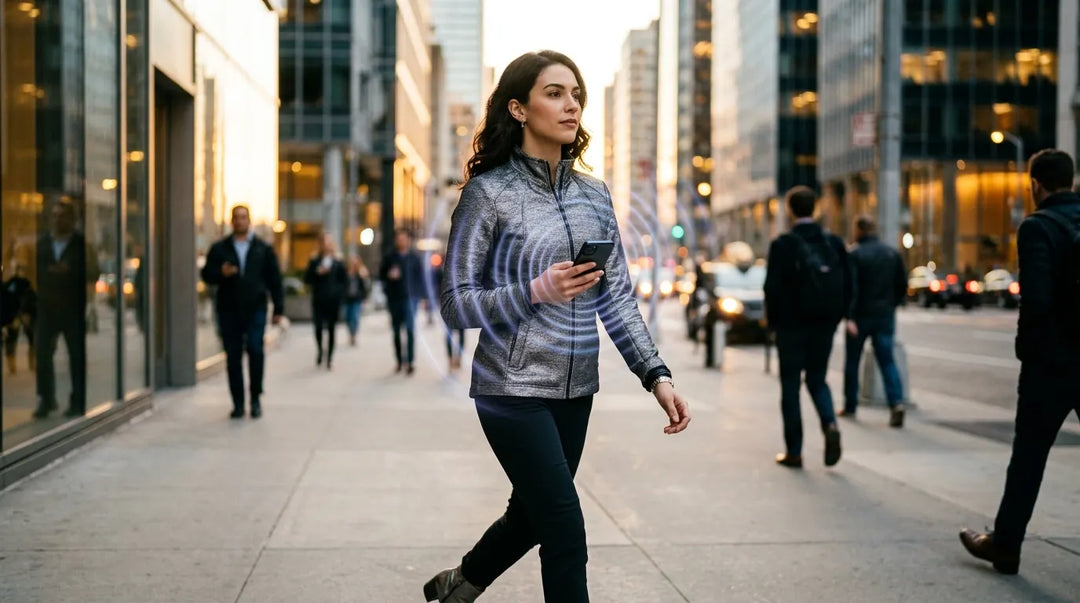 Stylish person in silver-threaded protective jacket deflecting smartphone EMF waves on urban street at golden hour