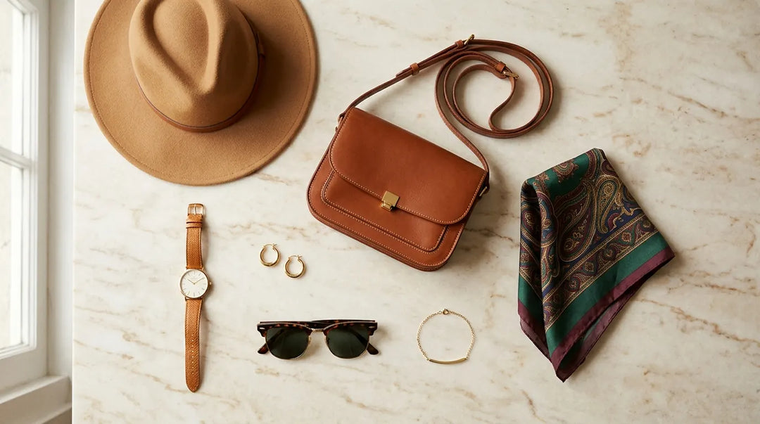 Curated luxury accessories flat lay on marble including watch bag sunglasses and jewelry