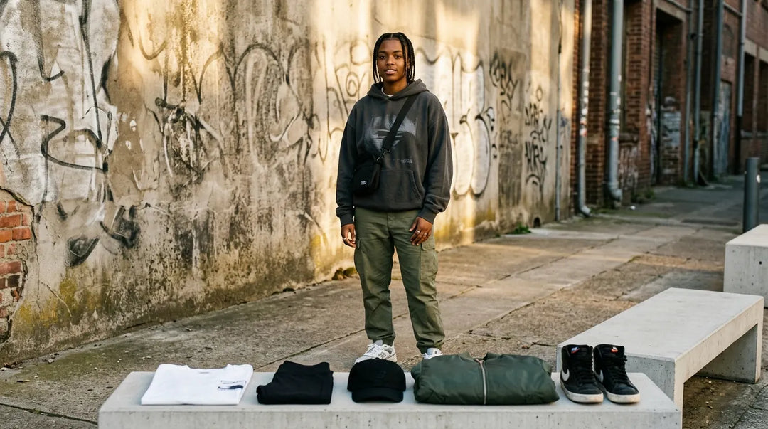 Stylish person in streetwear staples against urban concrete wall at golden hour
