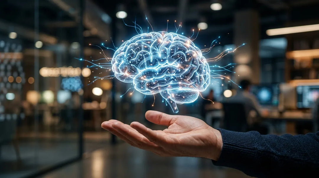 Glowing translucent AI brain hovering above an open human hand, blue-amber lighting