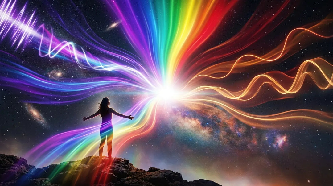 Human silhouette bathed in colorful electromagnetic spectrum waves against cosmic starry background, awe-inspiring mood