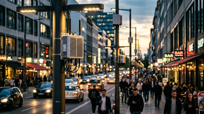 Compact 5G small-cell antenna mounted on urban streetlight pole at dusk, moody cityscape