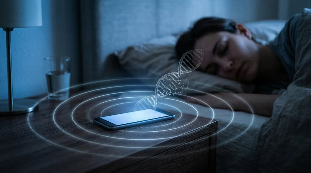 Glowing smartphone emitting faint electromagnetic waves near sleeping person, ominous blue mood