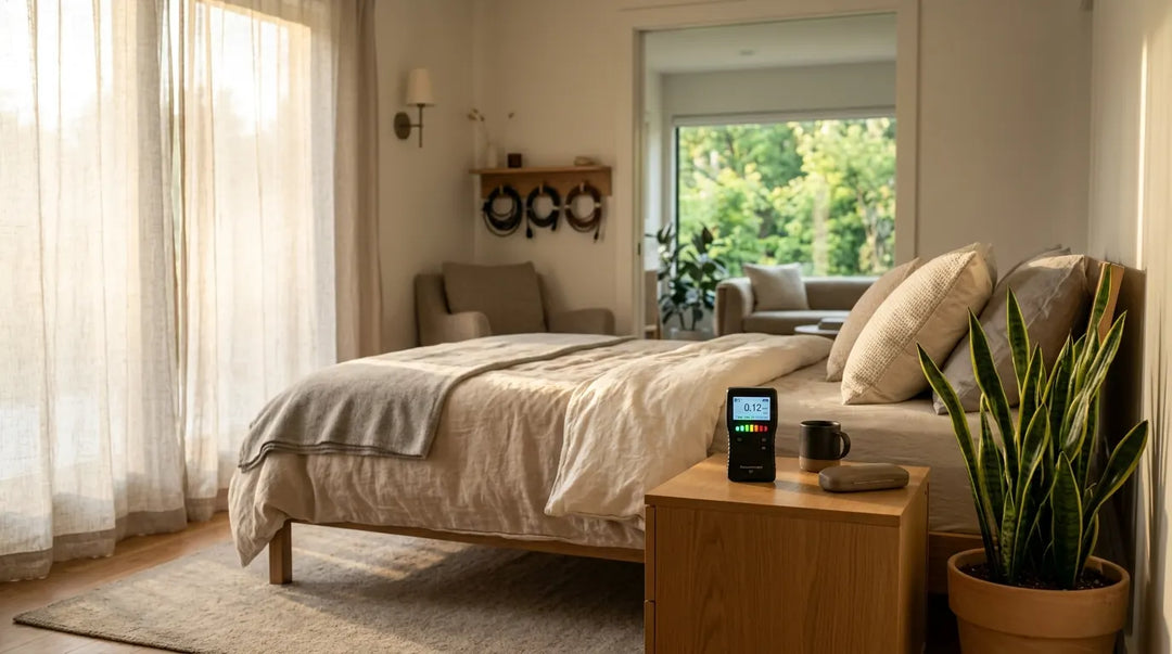 Serene minimalist bedroom with EMF meter on nightstand, warm morning light, calm sanctuary atmosphere