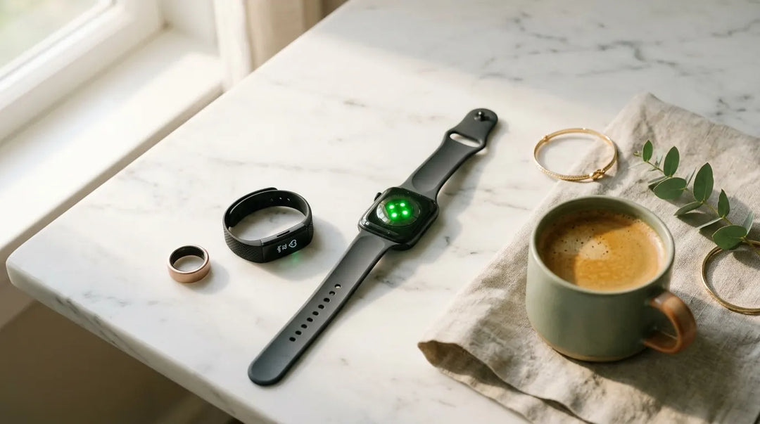 Curated flat lay of smartwatch, ring tracker, and fitness band on marble surface, warm light