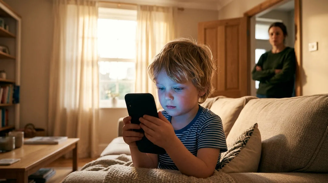 Young child holding smartphone close to face, concerned parent watching from background doorway