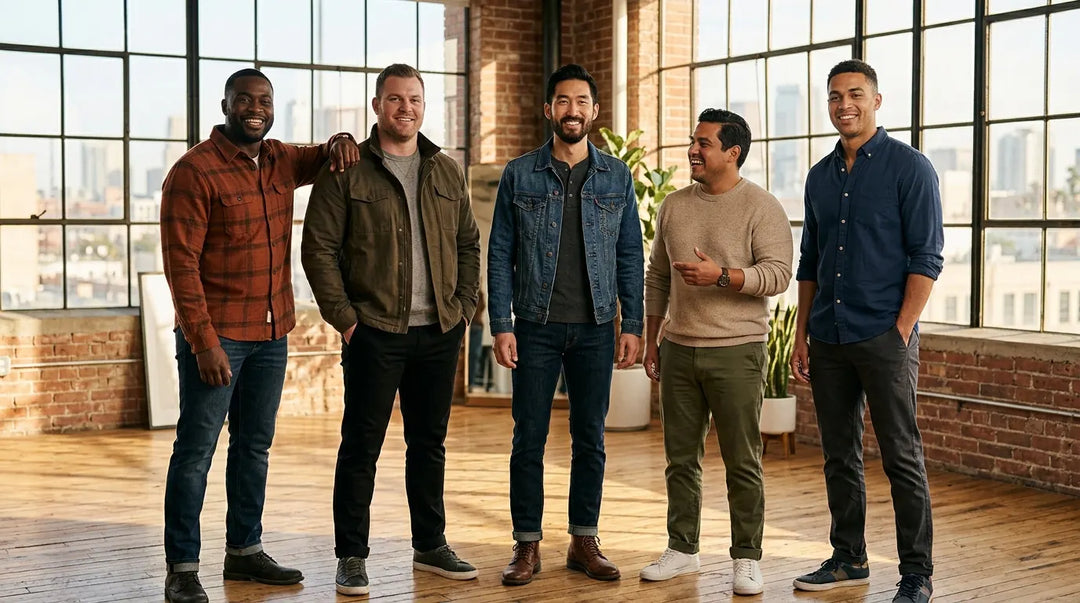 Diverse group of men with varied body types wearing well-fitted casual outfits confidently