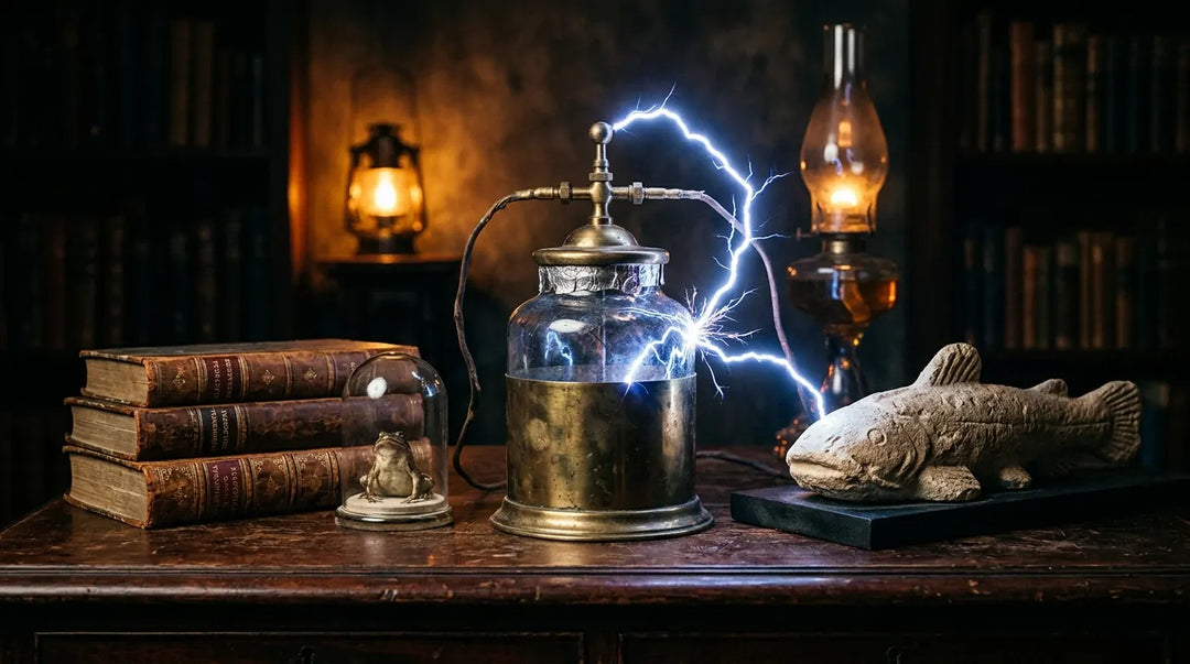 Antique Leyden jar with electrical arcs beside scientific artifacts on dark table, mysterious mood