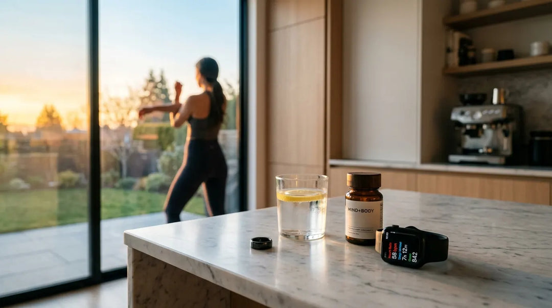 Morning wellness scene with health tracking devices and supplements on minimalist kitchen counter at sunrise