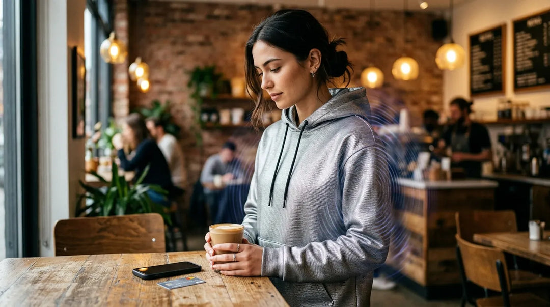 Person in metallic Faraday-shielding hoodie at a modern coffee shop, cinematic lighting