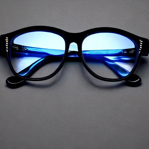 Black framed blue light blocking glasses with mirrored blue lenses on gray background