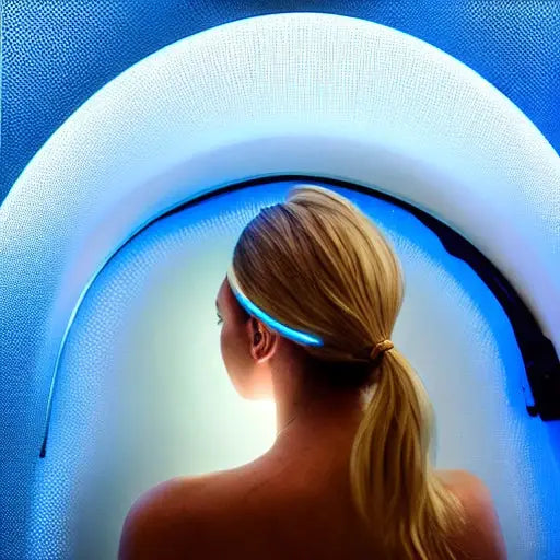 Woman with ponytail positioned inside blue light therapy device from behind