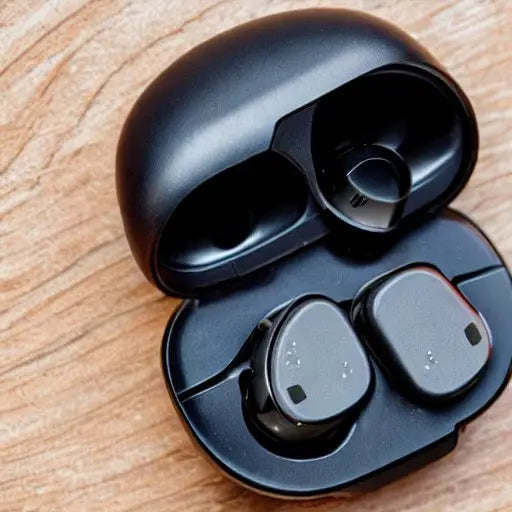 Black wireless earbuds in open charging case on wood surface