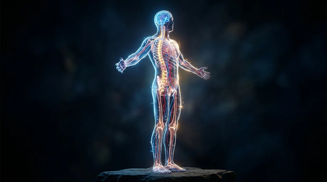 Glowing translucent human figure revealing electric neural pathways and blood vessels, awe-inspiring mood
