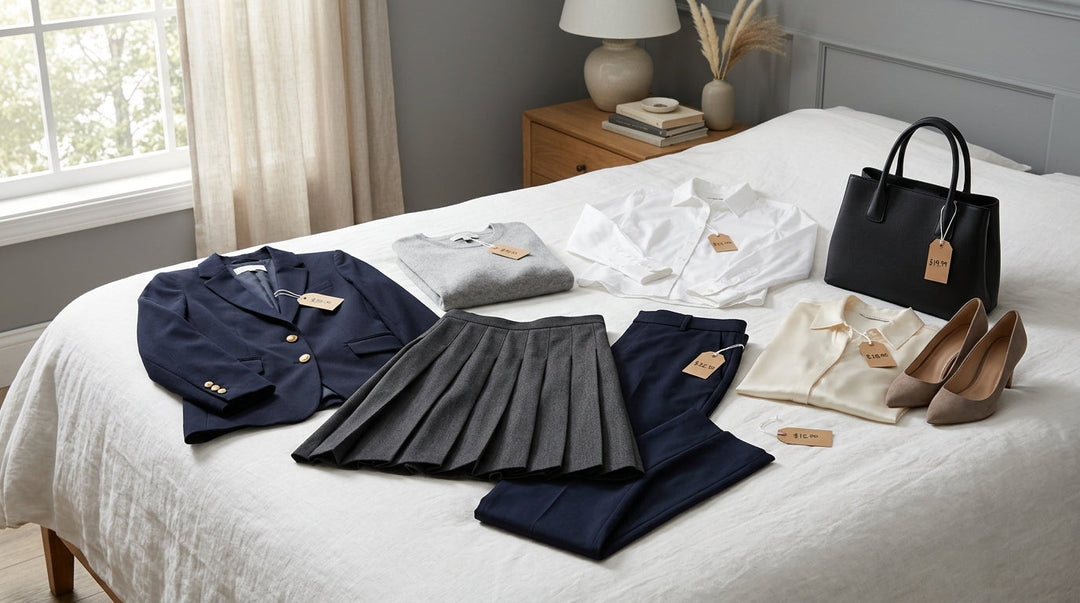 Professional clothing essentials displayed on bed including navy blazer, pleated skirt, white and gray tops, navy pants, black handbag, and neutral heels
