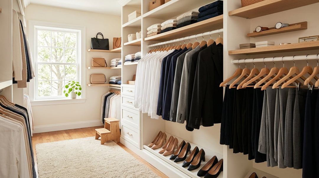 Organized walk-in closet with wooden hangers, folded clothes, shoes, and shelving