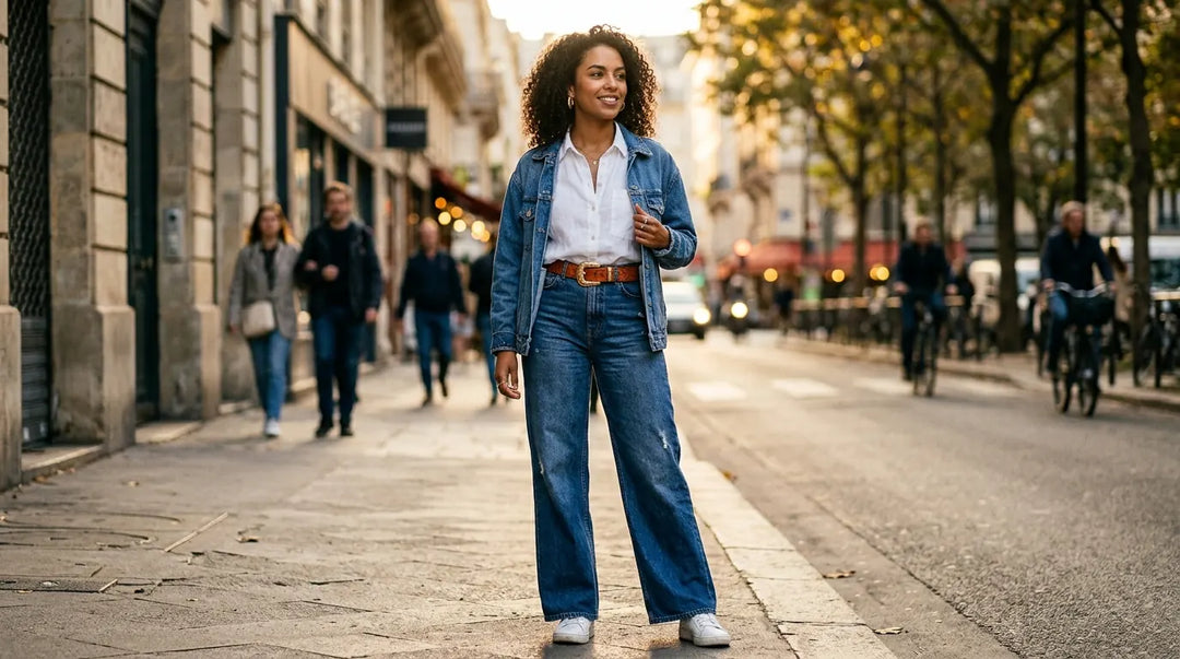 Stylish person wearing wide-leg jeans with cognac leather belt in golden urban light
