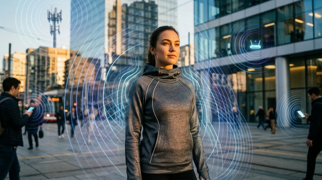 Person in silver-fiber protective clothing deflecting glowing electromagnetic waves in urban setting