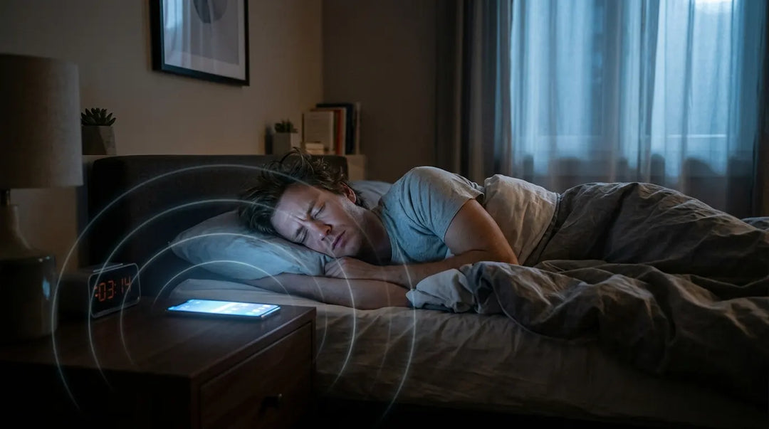 Person sleeping restlessly in dark bedroom with glowing smartphone emitting faint electromagnetic waves