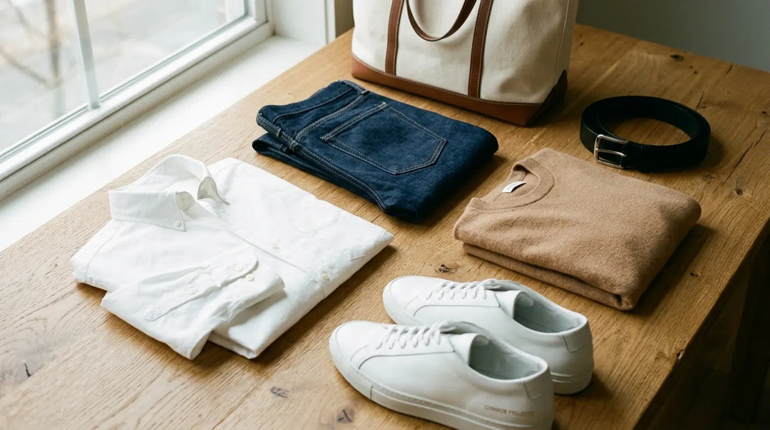 Curated capsule wardrobe essentials arranged on oak surface in warm natural light