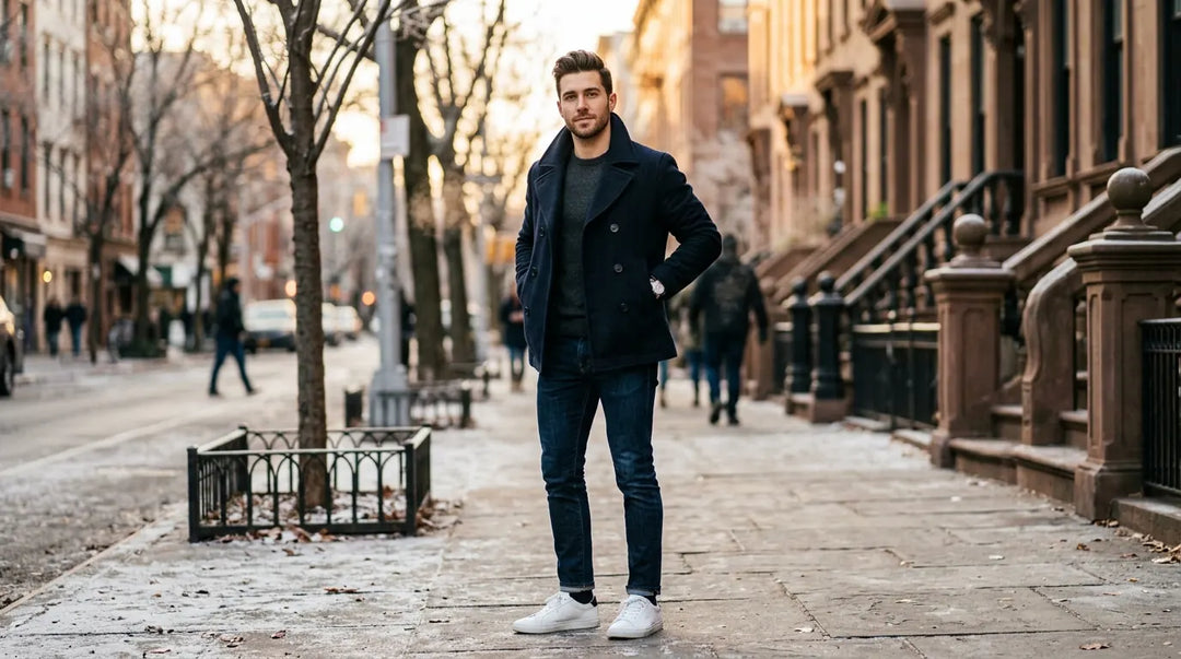 Well-dressed man in affordable layered winter outfit on a city sidewalk at golden hour