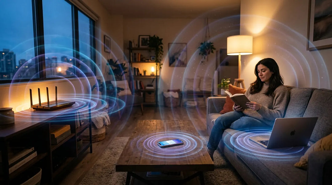 Modern living room with devices emitting subtle visible electromagnetic wave ripples, moody twilight atmosphere