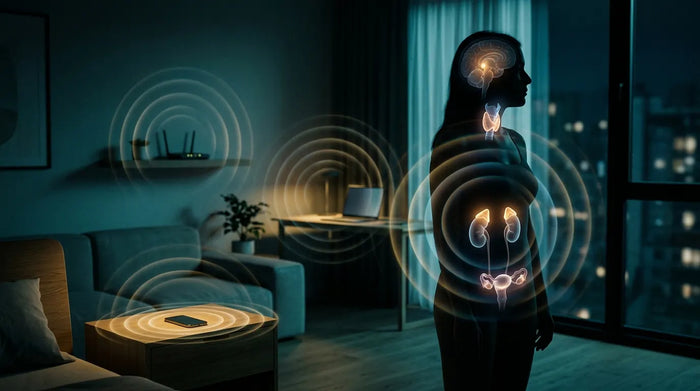 Luminous human endocrine system silhouette surrounded by electromagnetic waves from household devices, moody tones