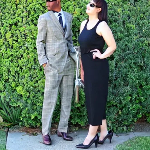 Man in gray plaid suit and woman in black sleeveless dress posing against green ivy backdrop