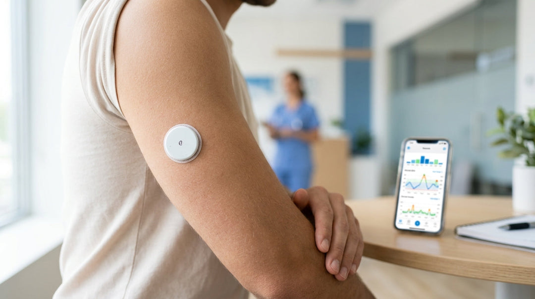 Continuous glucose monitor device with sensor and application instructions displayed