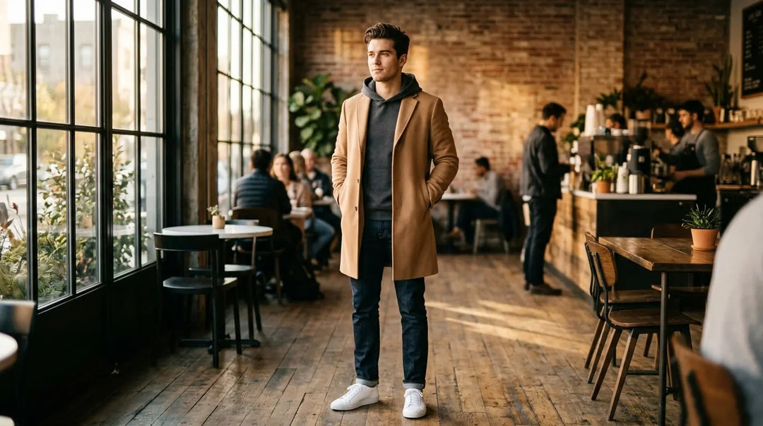 Stylish man wearing fitted hoodie under tailored overcoat in sunlit coffee shop