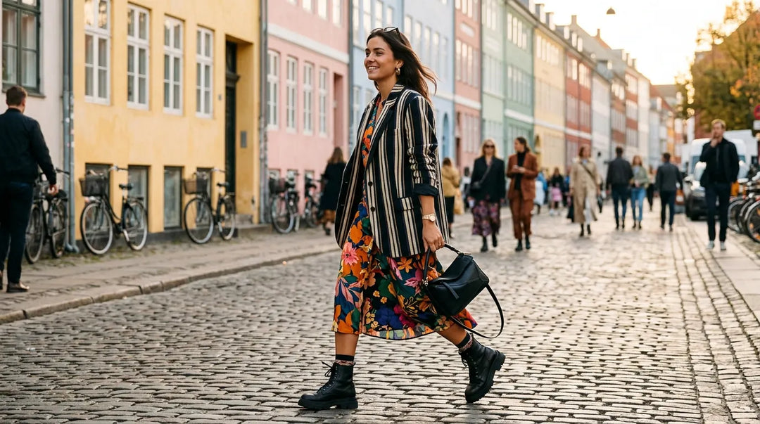 Stylish woman in clashing patterns walking Copenhagen cobblestone street during fashion week golden hour