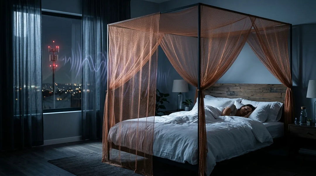 Copper mesh Faraday canopy over peaceful bed at night blocking electromagnetic waves