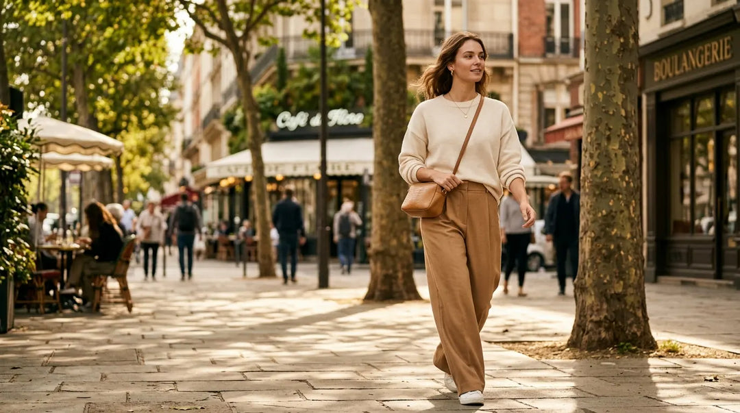Stylish woman in cream cotton sweater and wide-leg trousers on sunlit city sidewalk