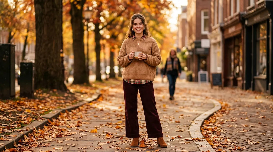 Woman in oversized knit sweater on autumn leaf-covered sidewalk, warm golden light