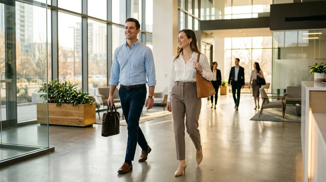 Two professionals in polished smart casual outfits walking through sunlit modern office lobby