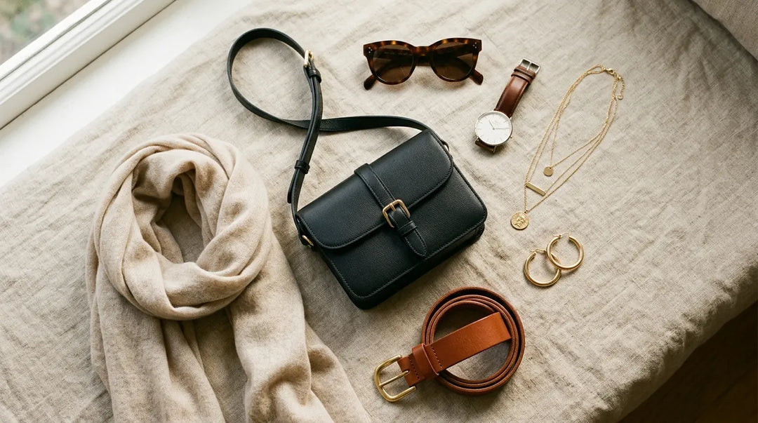 Curated versatile accessories arranged in elegant flat lay on neutral linen surface