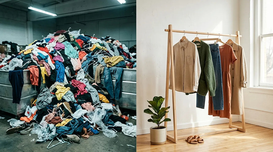 Chaotic pile of discarded cheap clothing contrasted with minimalist rack of quality garments