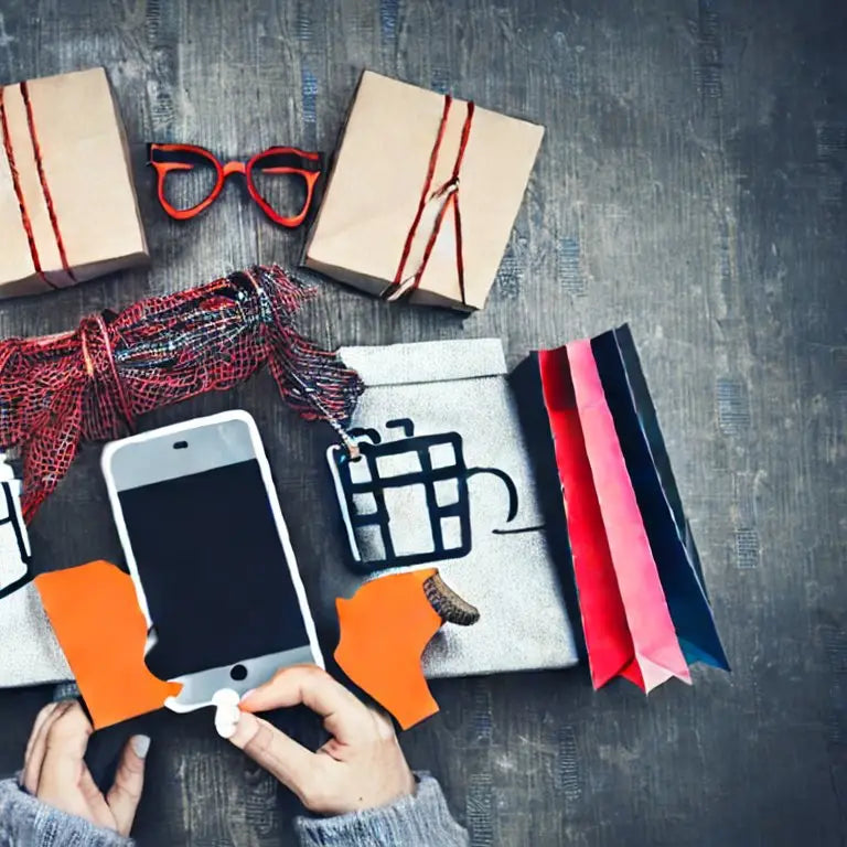 Flat lay of shopping items including smartphone, gift boxes, red heart glasses, colorful ribbons