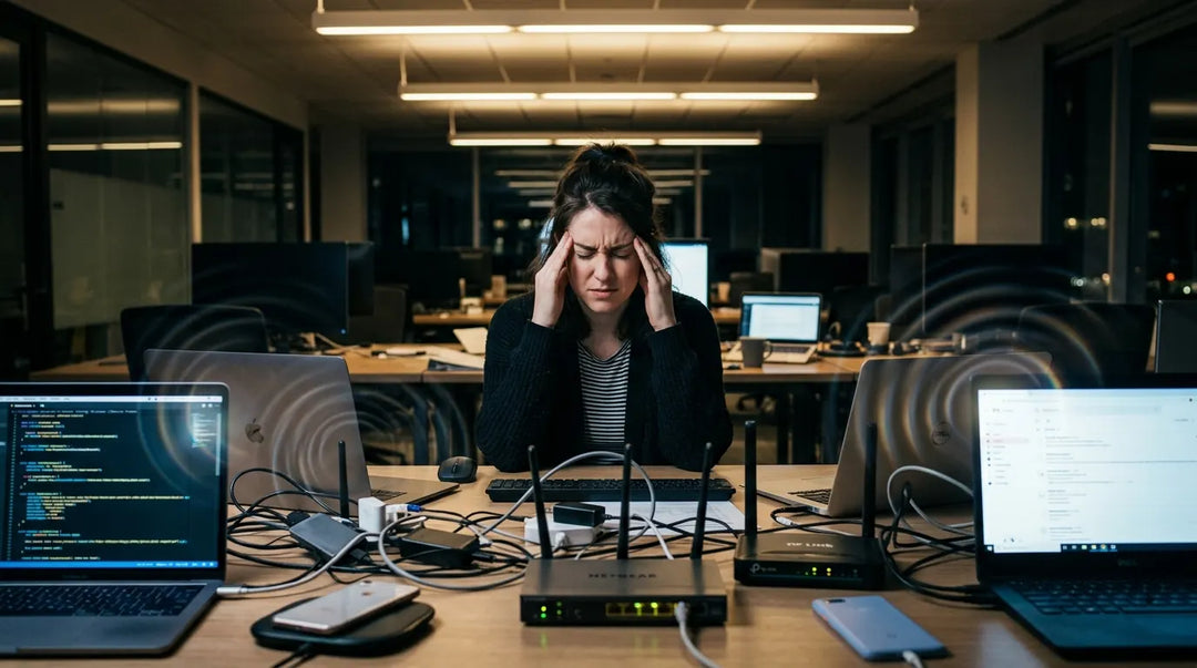 Person wincing with headache surrounded by glowing electronic devices in modern office, tense mood