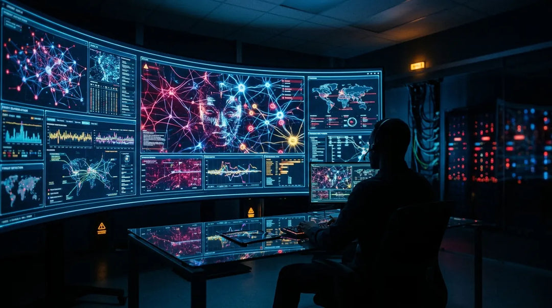 Analyst silhouetted against glowing cybersecurity command center screens displaying neural network data, tense atmosphere
