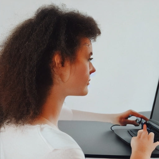 Person with curly dark hair using laptop computer at desk