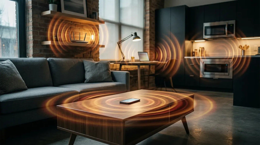 Modern home interior with electronic devices surrounded by glowing electromagnetic radiation waves, moody lighting