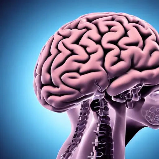 Pink 3D anatomical model of human brain and spinal cord on blue gradient background